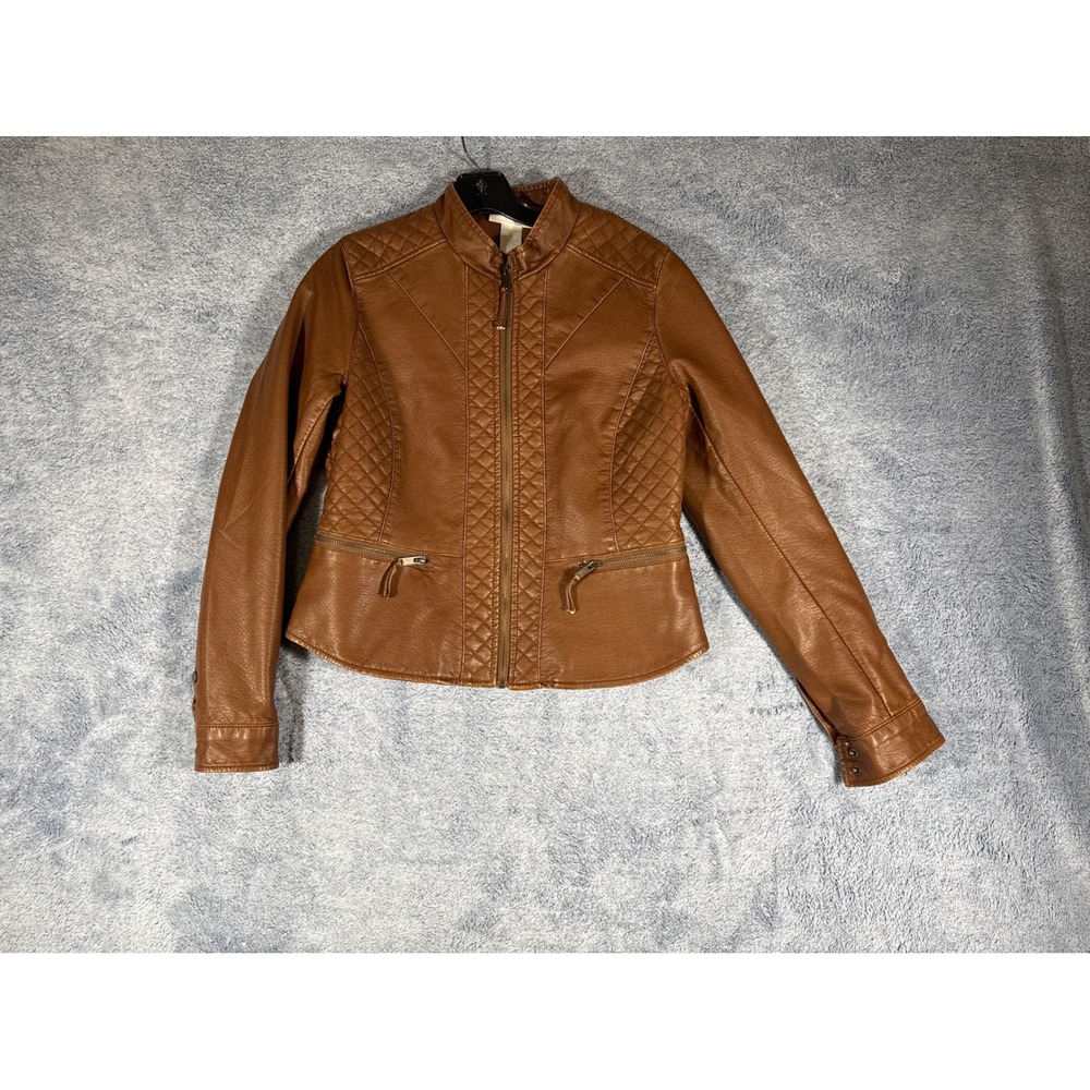 NorthStyle Womens Brown Quilted Faux Leather Moto Jacket Small Zip Front Pockets